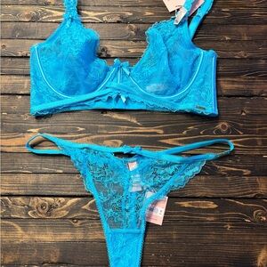 Lace Bralette and Thong Set - Blue